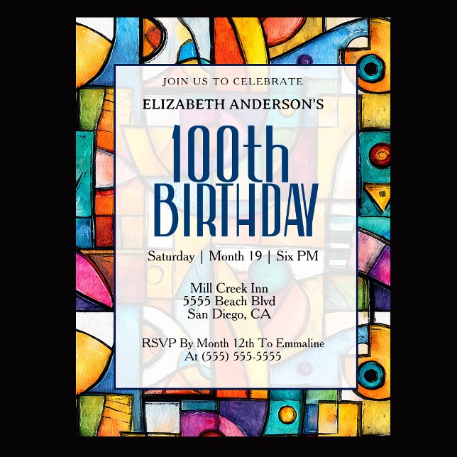 Modern Cubist 100th Birthday Invitation (Modern colorful abstract 100th birthday invitation for elegant milestone celebration
)