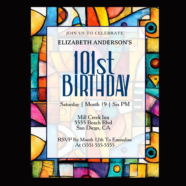 Modern Cubist 101st Birthday Invitation (Modern colorful abstract 101st birthday invitation for elegant milestone celebration
)