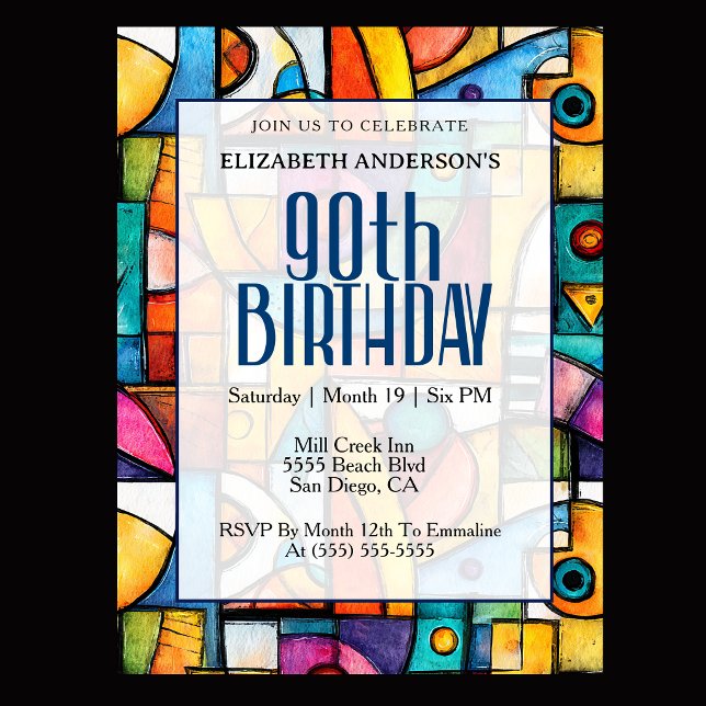 Modern Cubist 90th Birthday Invitation (Modern colorful abstract 90th birthday invitation for elegant milestone celebration
)