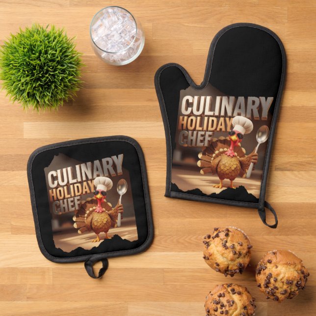 Modern Culinary Holiday Turkey Chef  Oven Mitt & Pot Holder Set (Top Down)