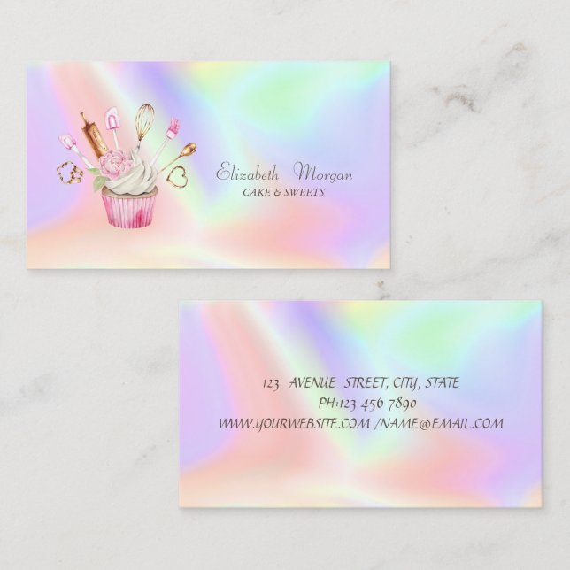  Modern Cupcake Flower Bakery Tools Holographic Business Card (Front/Back)