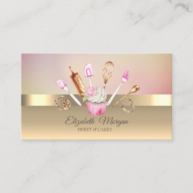  Modern Cupcake Flower Gold Bakery Tools Business Card (Front)