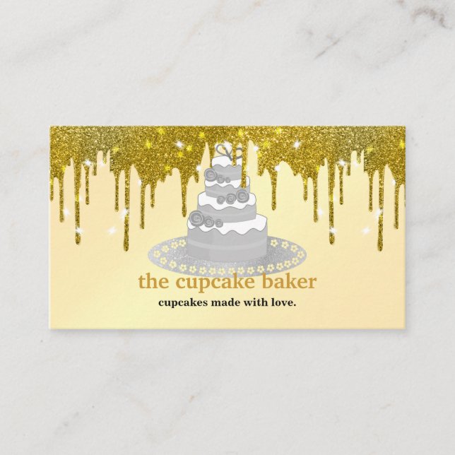 Modern Cupcake Logo Bakery Catering Glitter Drip Business Card (Front)