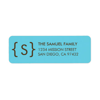 Modern curly bracket monogram blue return address