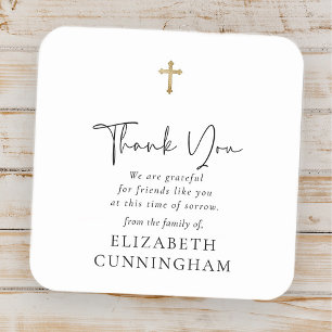 Modern Cursive Script Faux Gold Cross Memorial Square Sticker