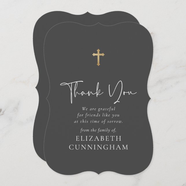 Modern Cursive Script Faux Gold Cross Memorial Thank You Card (Front/Back)