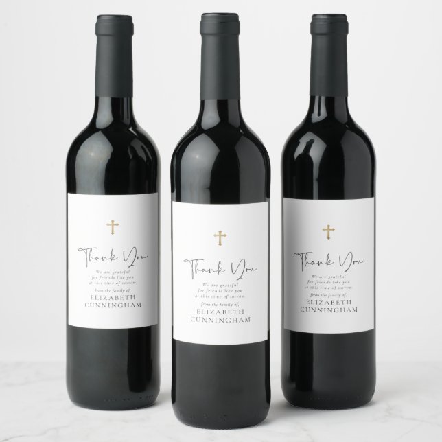 Modern Cursive Script Faux Gold Cross Memorial Wine Label (Bottles)