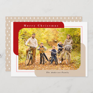Modern Curved Photo Red and Tan Merry Christmas Holiday Card