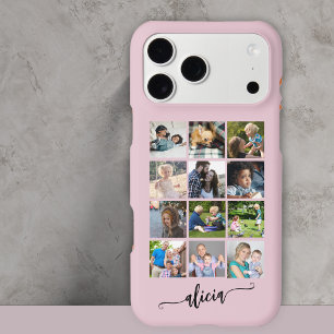 Modern custom 12 photo collage name pink