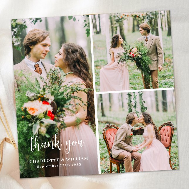 Modern Custom 3 Photo Simple Minimalist Wedding Thank You Card (Creator Uploaded)