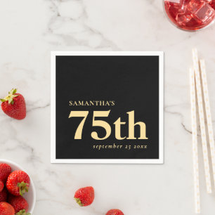 Modern Custom Black Gold 75th Name Date Napkin