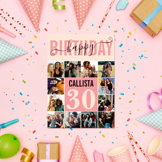 Modern Custom Blush Pink 12 Photo Birthday Card (Creator Uploaded)