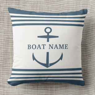 Modern Custom Boat Name Dusty Blue Anchor Nautical Cushion