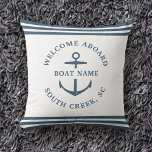 Modern Custom Boat Name Welcome Aboard Anchor Chic Cushion<br><div class="desc">Modern minimalist custom boat name throw pillow in dusty blue with nautical stripes and anchor reading WELCOME ABOARD as well as name of marina,  dock,  yacht club,  or city.</div>