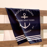 Modern Custom Boat Name Welcome Aboard Nautical Beach Towel<br><div class="desc">Nautical boating beach towel in navy blue reading "welcome aboard" as well as your custom boat name and location.</div>