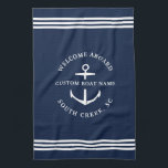 Modern Custom Boat Name Welcome Aboard Nautical Tea Towel<br><div class="desc">Nautical boating kitchen towels  in navy blue reading "welcome aboard" as well as your custom boat name and location.</div>