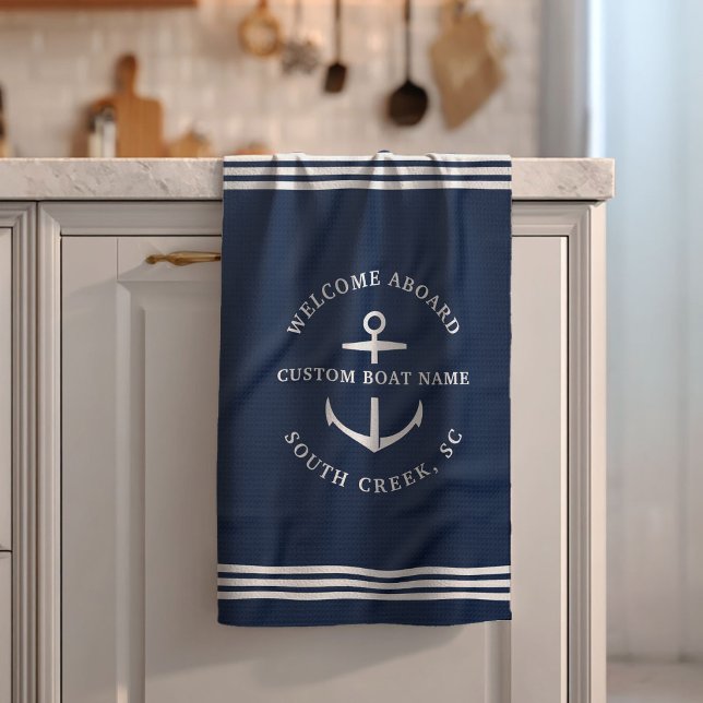 Modern Custom Boat Name Welcome Aboard Nautical Tea Towel (Creator Uploaded)