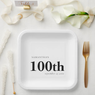 Modern Custom Bold Black Text 100th Name Date Paper Plate