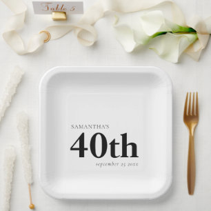 Modern Custom Bold Black Text 40th Name Date Paper Plate