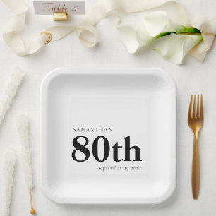 Modern Custom Bold Black Text 80th Name Date Paper Plate