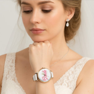 Modern Custom Bride Name Pink Glittery Diamond  Watch
