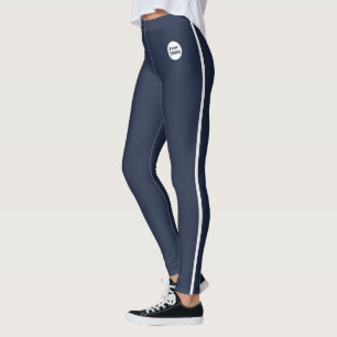 Modern Custom Business Logo Navy Blue White Stripe Leggings