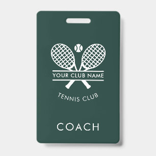 Modern Custom Club Name Tennis Rackets Motif Coach ID Badge