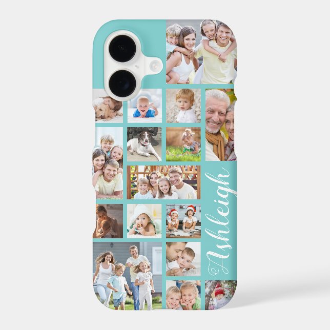 Modern Custom Colour 16 Photo Collage Aqua Teal (Back)