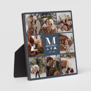 Modern Custom Family Photo Collage Monogram Navy Plaque