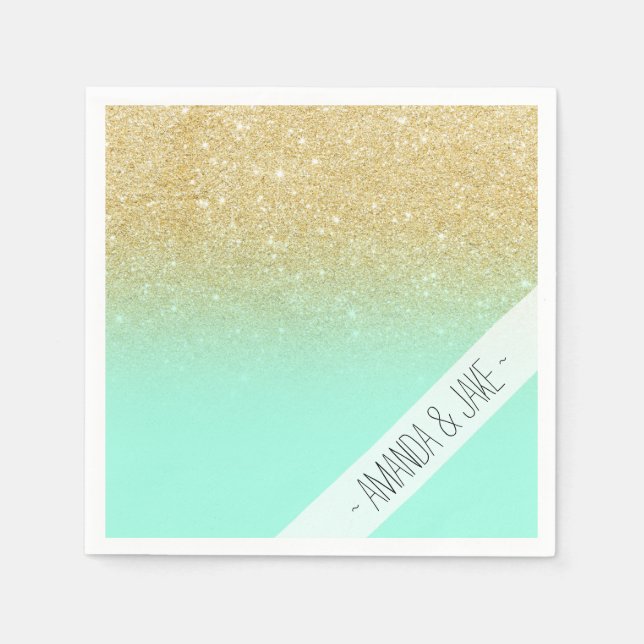 Modern custom gold ombre turquoise block napkin (Front)