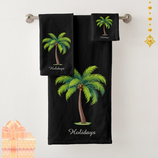 Modern Custom Green Palm Tree & Script on Black Bath Towel Set (Creator Uploaded)