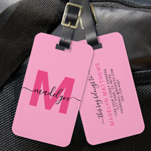 Modern Custom Hot Pink Monogram Luggage Tag