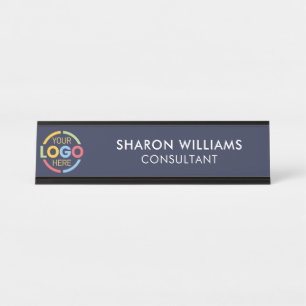 Modern Custom Logo   Professional Navy Blue Simple Desk Name Plate