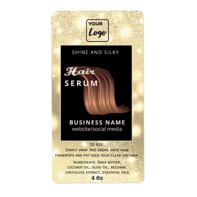 Modern custom logo sparkle script hair serum label (Front)
