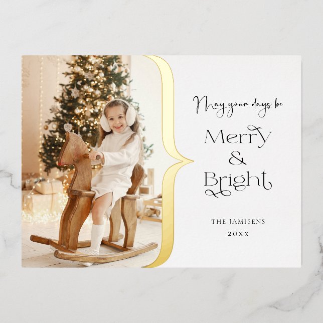 Modern Custom Merry & Bright Typography Photo Foil Holiday Postcard (Front)