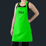 Modern custom monogram initials black neon green apron<br><div class="desc">Modern custom monogram initials neon green white Apron.
Black letters, neon green background.
you can choose your strap colour
great gift for mum, dad, friends and yourself!
Modern, minimalist, simple, stylish design.
Great for cooks, chefs, pottery, ceramics, crafts, work, kitchen, baking, bbq, grill, and also businesses and stores, etc</div>