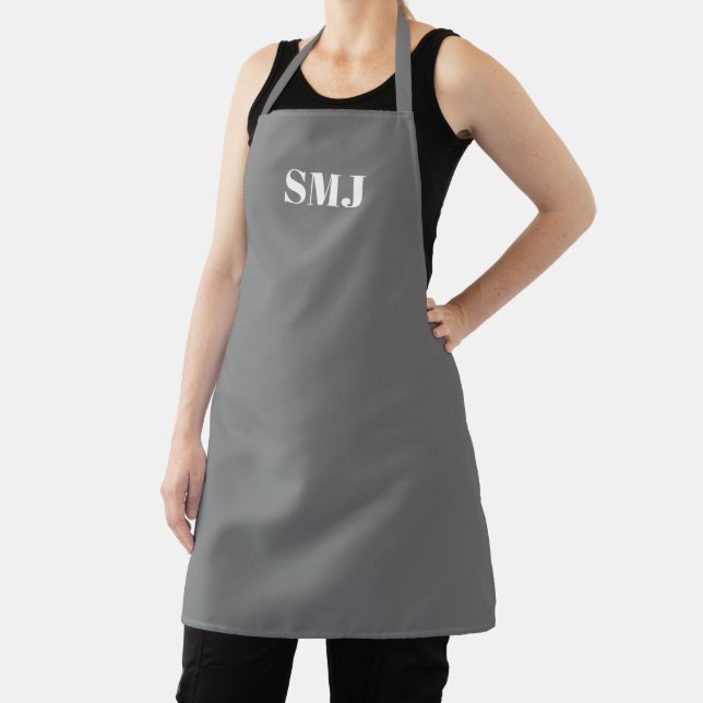 Modern custom monogram initials grey white apron (Insitu)