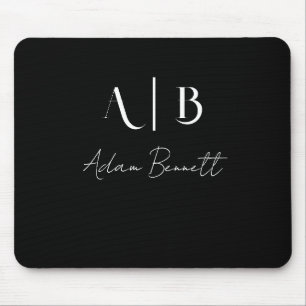 Modern Custom Monogram Initials Name Black Mouse Pad