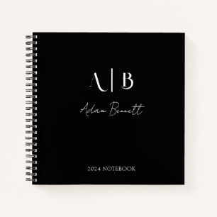 Modern Custom Monogram Initials Name Black Notebook