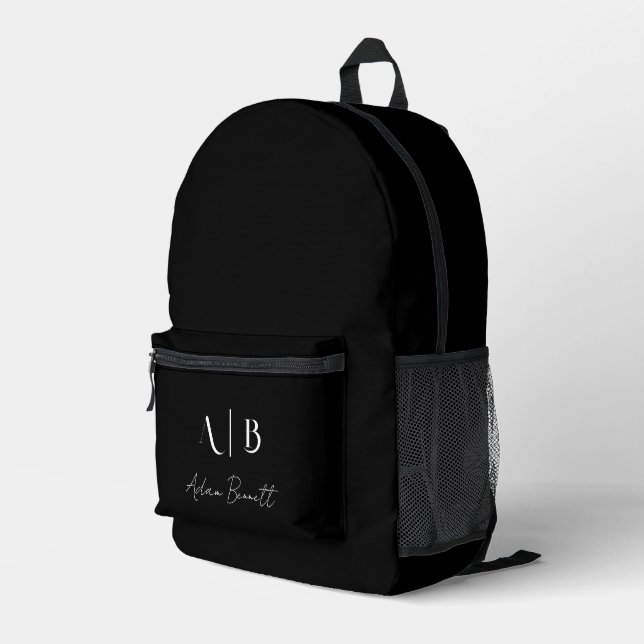 Modern Custom Monogram Initials Name Black Printed Backpack (Back Corner Right)