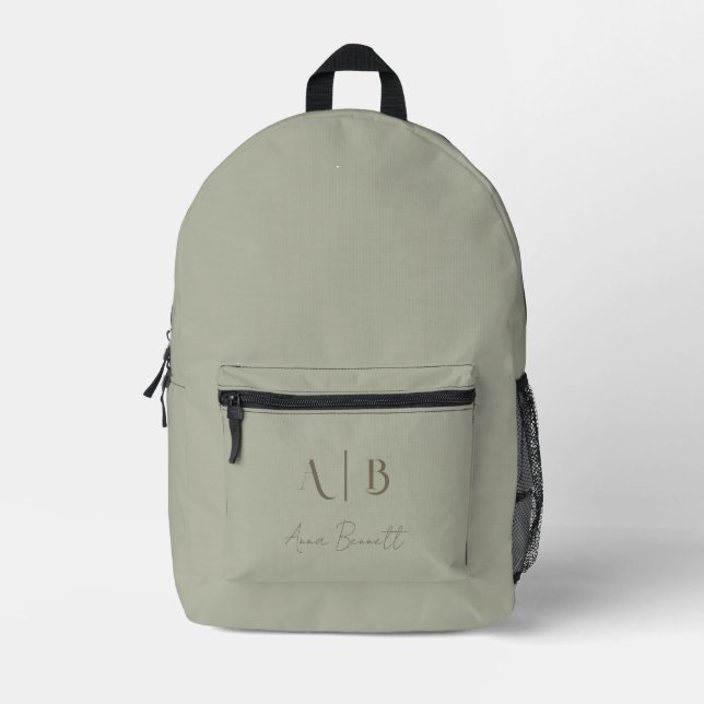 Modern Custom Monogram Initials Name Dusty Sage Printed Backpack (Front)