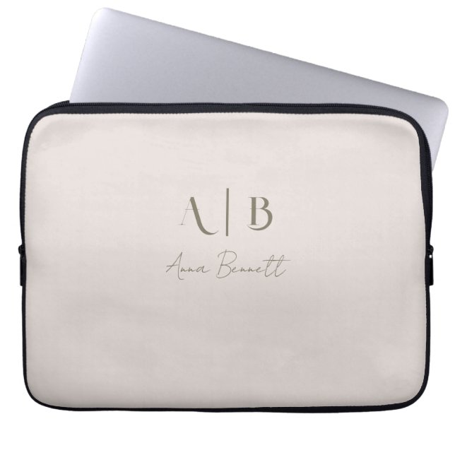 Modern Custom Monogram Initials Name Light Beige Laptop Sleeve (Front)