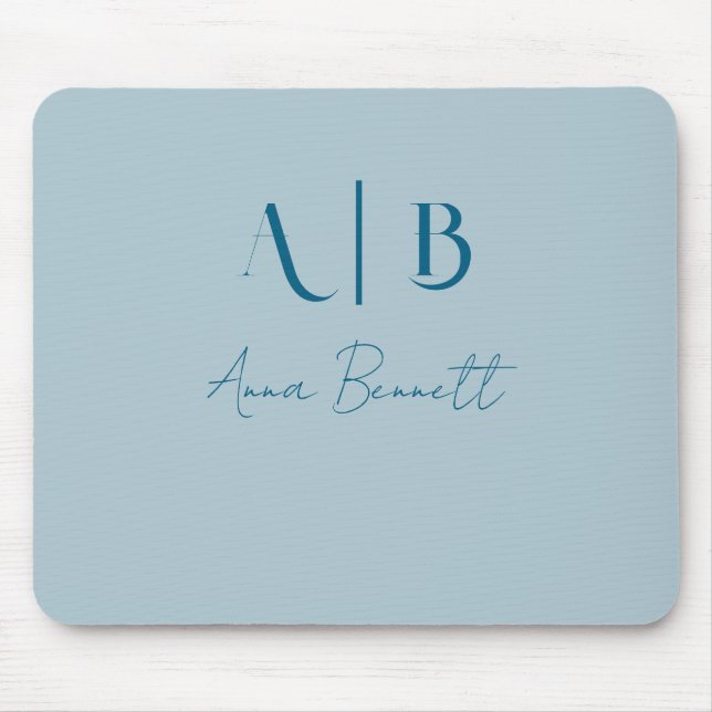 Modern Custom Monogram Initials Name Pastel Blue Mouse Pad (Front)