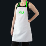 Modern custom monogram initials neon green white apron<br><div class="desc">Modern custom monogram initials neon green white Apron.
neon green letters,  white background.
you can choose your strap colour
great gift for mum,  dad,  friends and yourself!
Modern,  minimalist,  simple,  stylish design.

Great for cooks,  chefs,  pottery,  ceramics,  crafts,  work,  kitchen,  baking,  bbq,  grill,  and also businesses and stores,  etc</div>