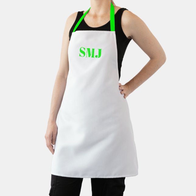 Modern custom monogram initials neon green white apron (Insitu)