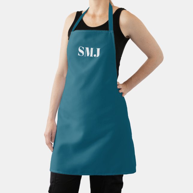 Modern custom monogram initials petrol blue white apron (Insitu)