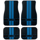 Modern Custom Monogram Name Blue Striped Car Mat<br><div class="desc">Upgrade your vehicle's interior with a unique set of personalised car mats. This stylish template includes both your name and your initial letter in a monogram pattern. Designed with classic double racing stripes in blue and black. These sports style car mats will protect the interior, with a polyester surface and...</div>
