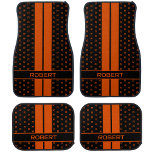 Modern Custom Monogram Name Orange Striped Car Mat<br><div class="desc">Upgrade your vehicle's interior with a unique set of personalised car mats. This stylish template includes both your name and your initial letter in a monogram pattern. Designed with classic double racing stripes in black and orange. These sports style car mats will protect the interior, with a polyester surface and...</div>