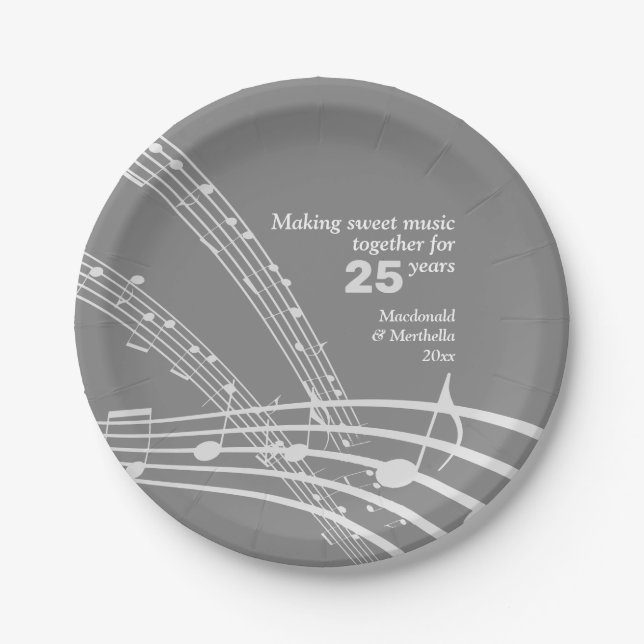 Modern Custom MUSIC NOTES 25th SILVER Anniversary Paper Plate (Front)