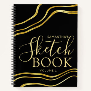 Modern Custom Name Black Gold Sketchbook Notebook